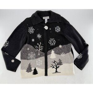TIARA Winter Wonderland Ramie Blend Sweater Black Cardigan Christmas Snowy Sz‎ L